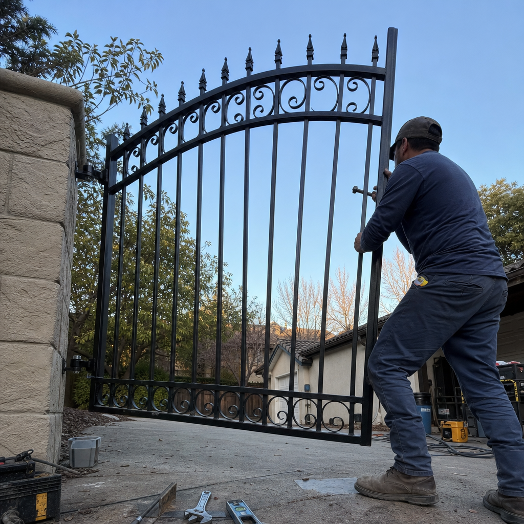 Professional installing a black metal gate on stone pillar. in Ancho Cordova, CA