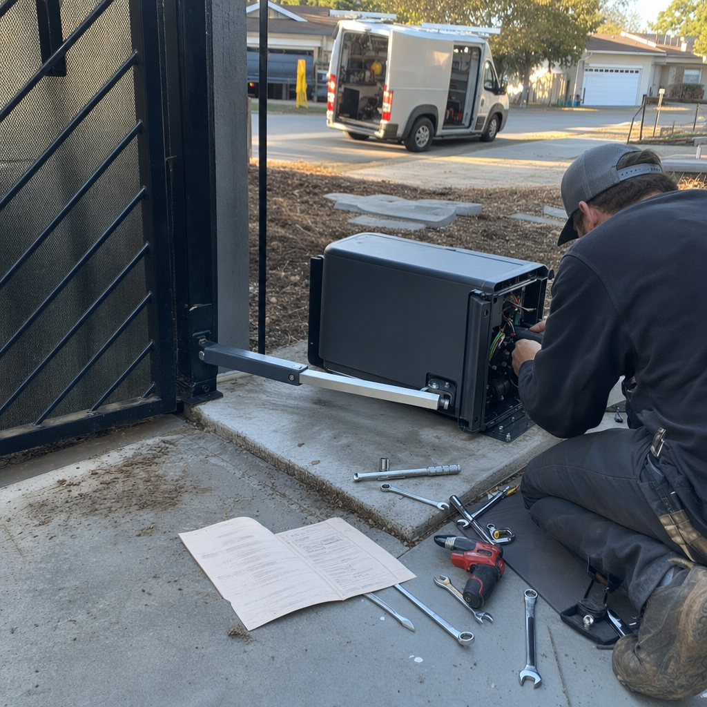 Technician installing gate motor and opener for a driveway gate