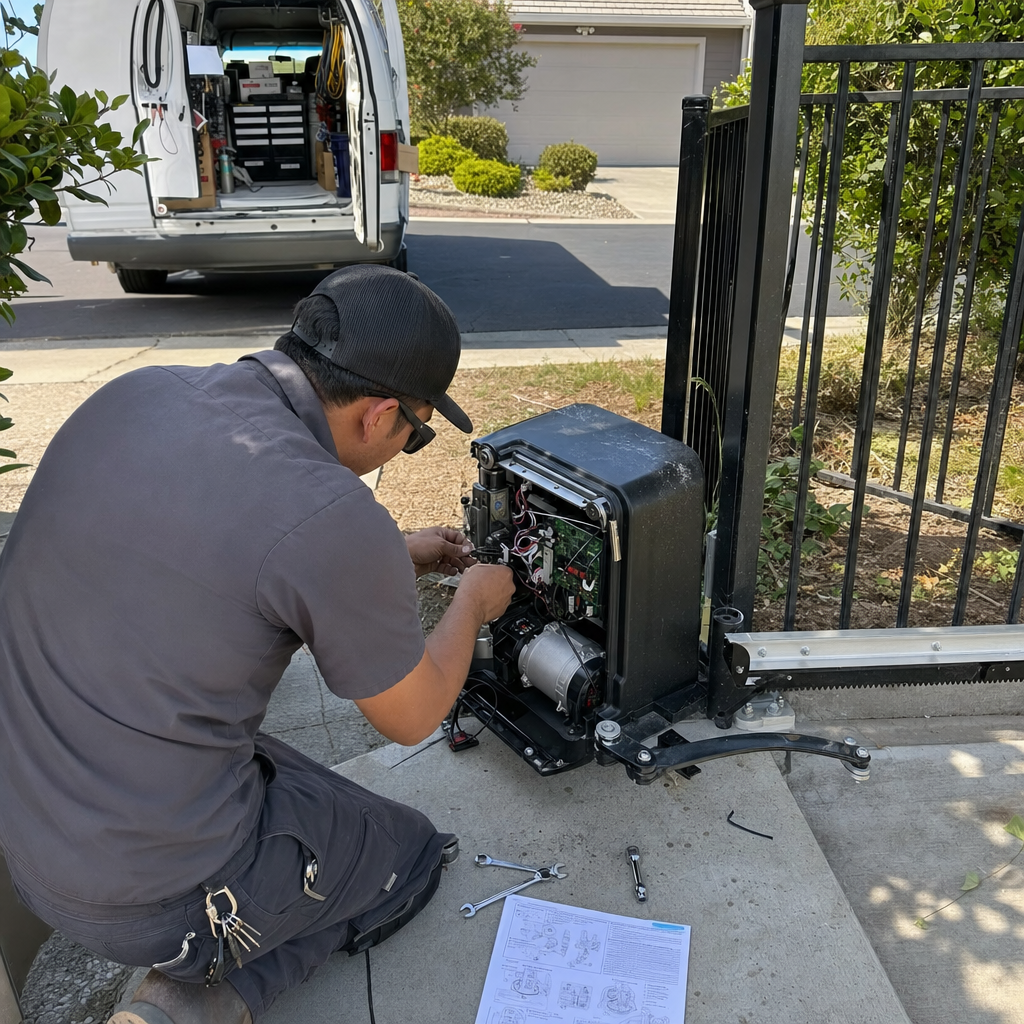 Technician repairing gate motor and opener mechanism in Ancho Cordova, CA