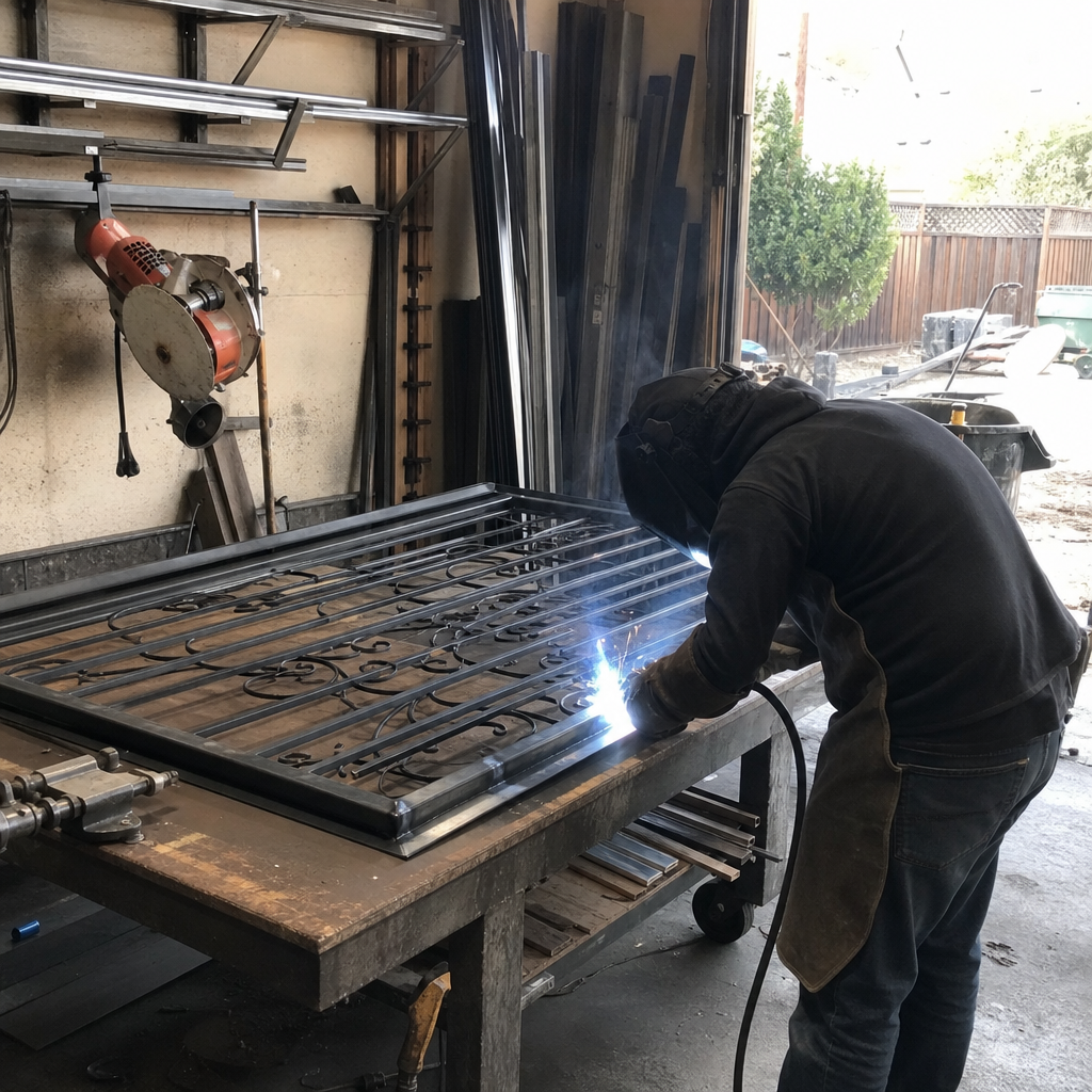 Welder fixing ornate metal gate with sparks flying in Ancho Cordova, CA