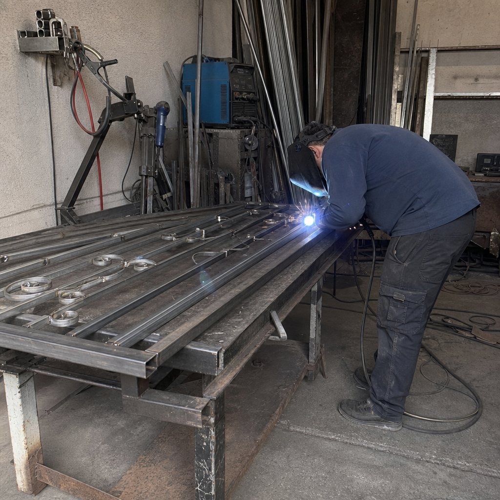 Blacksmith welding metal gate parts in workshop in Ancho Cordova, CA